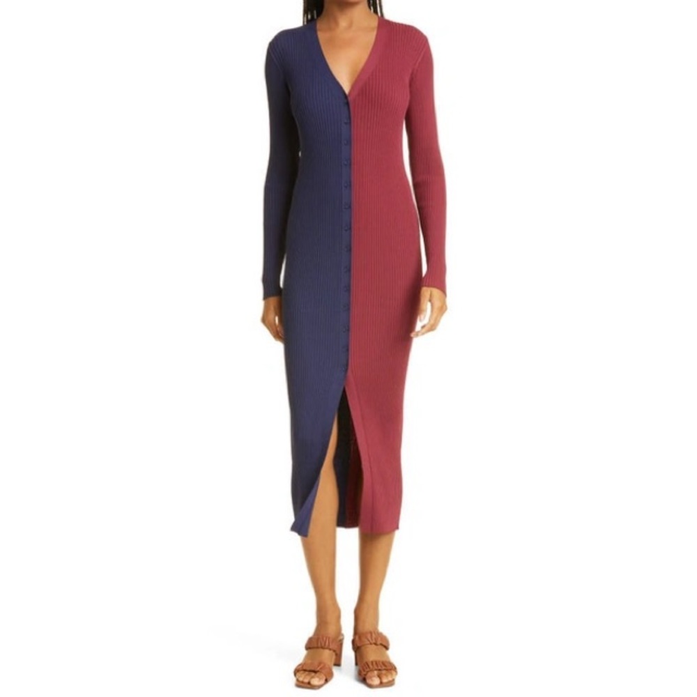 NWT!! STAUD Shoko Colorblock Sweater Dress In Navy Bordeaux